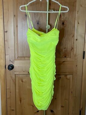 House of CB Neon Yellow Ruched Bodycon Spaghetti Strap Dress